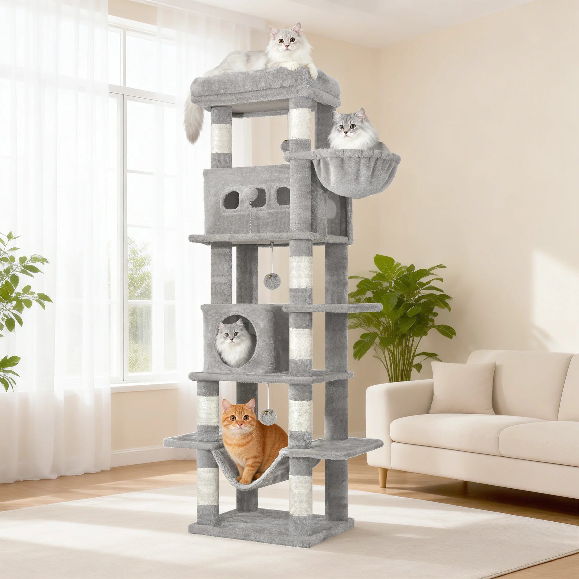 Arbre à chat géant de 170 cm – Tour pour chat Maine Coon, griffoir multi-niveaux avec grand perchoir, tapis lavable