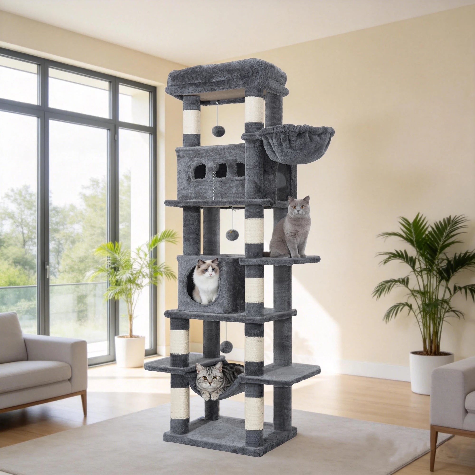 Arbre à chat géant de 170 cm – Tour pour chat Maine Coon, griffoir multi-niveaux avec grand perchoir, tapis lavable
