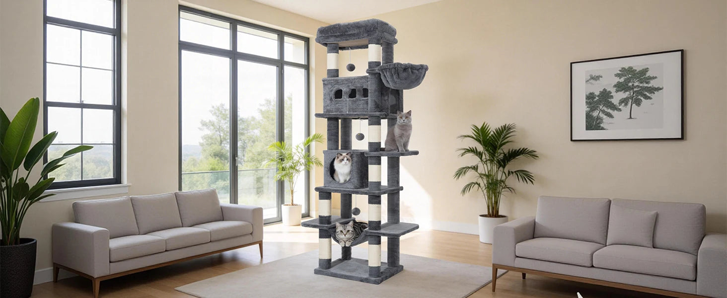 Arbre à chat géant de 170 cm – Tour pour chat Maine Coon, griffoir multi-niveaux avec grand perchoir, tapis lavable