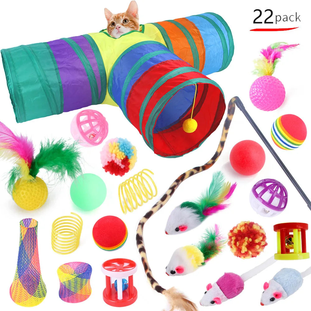 Lot de 12 à 24 pièces – Ensemble varié de jouets pour chaton et chat, combinaison de jouets amusants : canne à chat, souris en sisal, grelots, balles – Accessoires pour chat