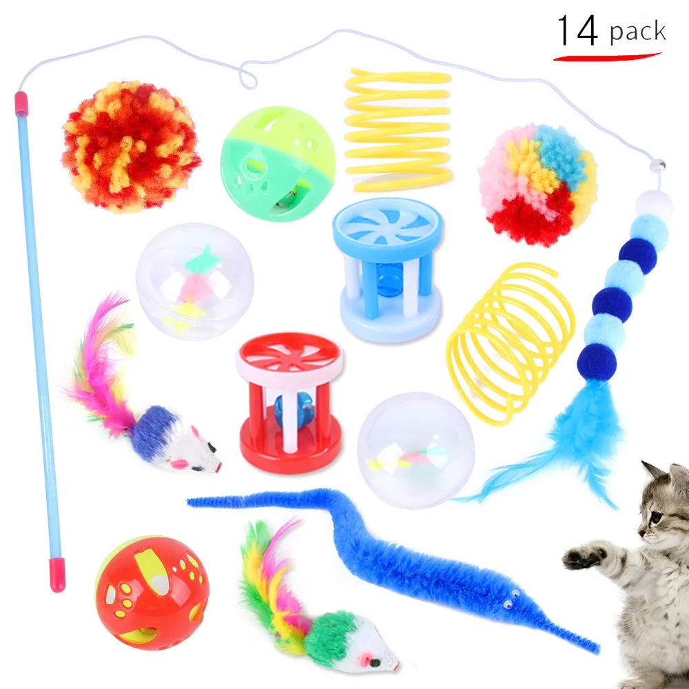 Lot de 12 à 24 pièces – Ensemble varié de jouets pour chaton et chat, combinaison de jouets amusants : canne à chat, souris en sisal, grelots, balles – Accessoires pour chat