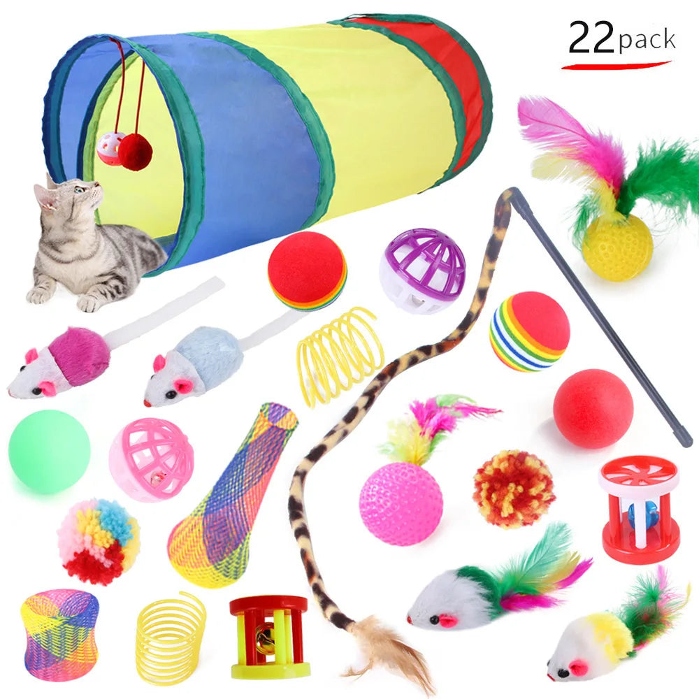 Lot de 12 à 24 pièces – Ensemble varié de jouets pour chaton et chat, combinaison de jouets amusants : canne à chat, souris en sisal, grelots, balles – Accessoires pour chat