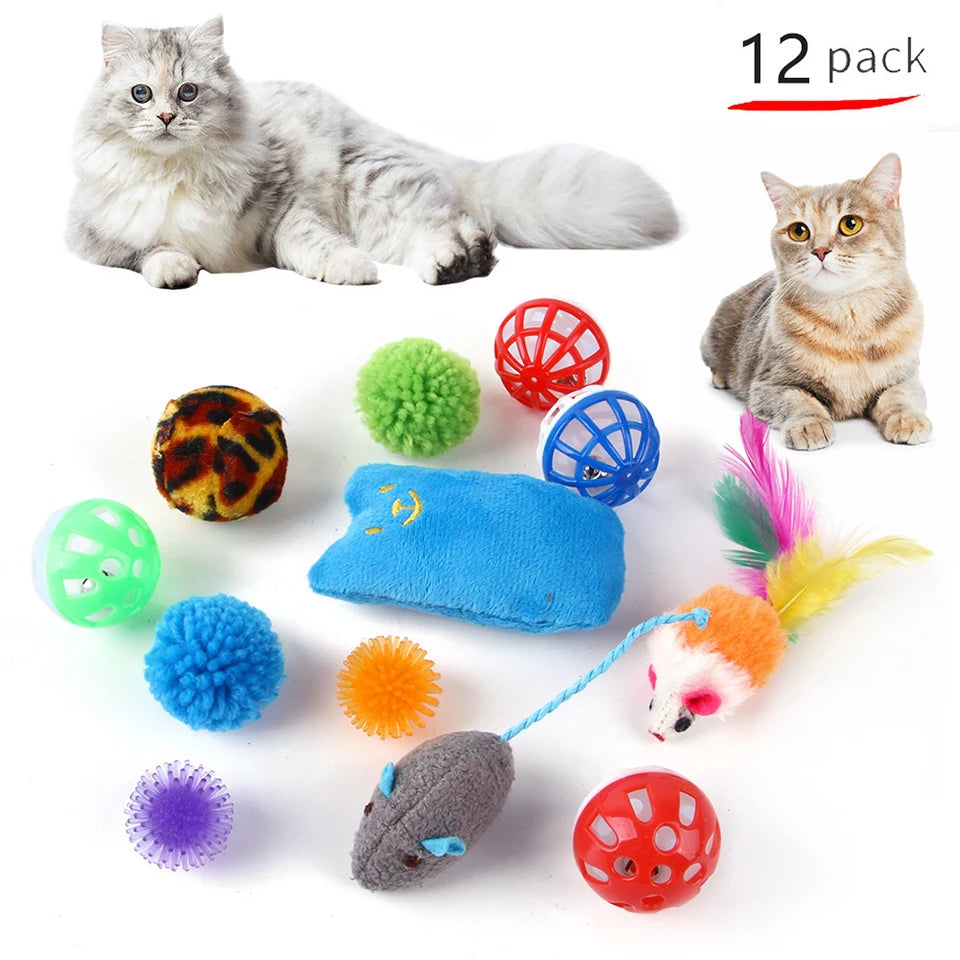 Lot de 12 à 24 pièces – Ensemble varié de jouets pour chaton et chat, combinaison de jouets amusants : canne à chat, souris en sisal, grelots, balles – Accessoires pour chat