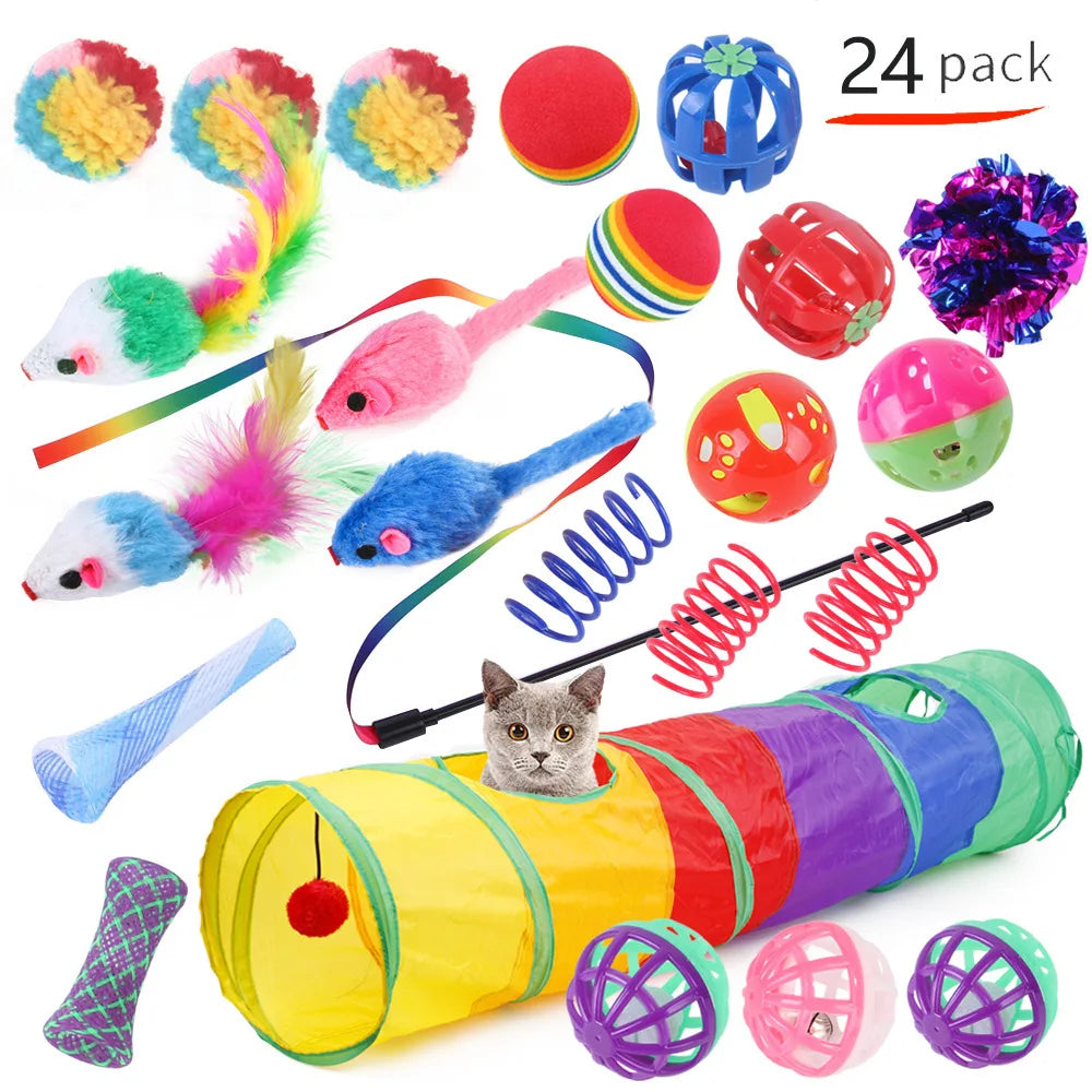 Lot de 12 à 24 pièces – Ensemble varié de jouets pour chaton et chat, combinaison de jouets amusants : canne à chat, souris en sisal, grelots, balles – Accessoires pour chat